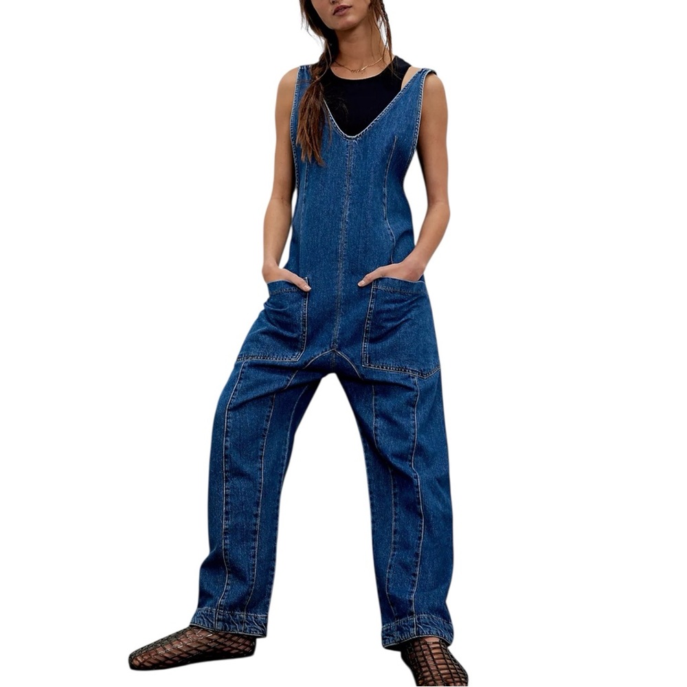 Free People We The Free High Roller Denim Jumpsuit Blue XS